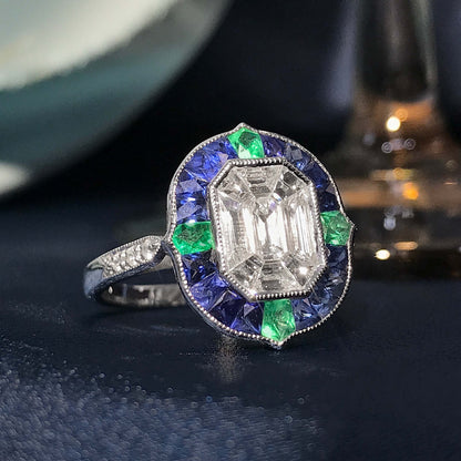 Illusion Setting Diamond & Blue Sapphire Emerald Art Deco Style White Gold Ring