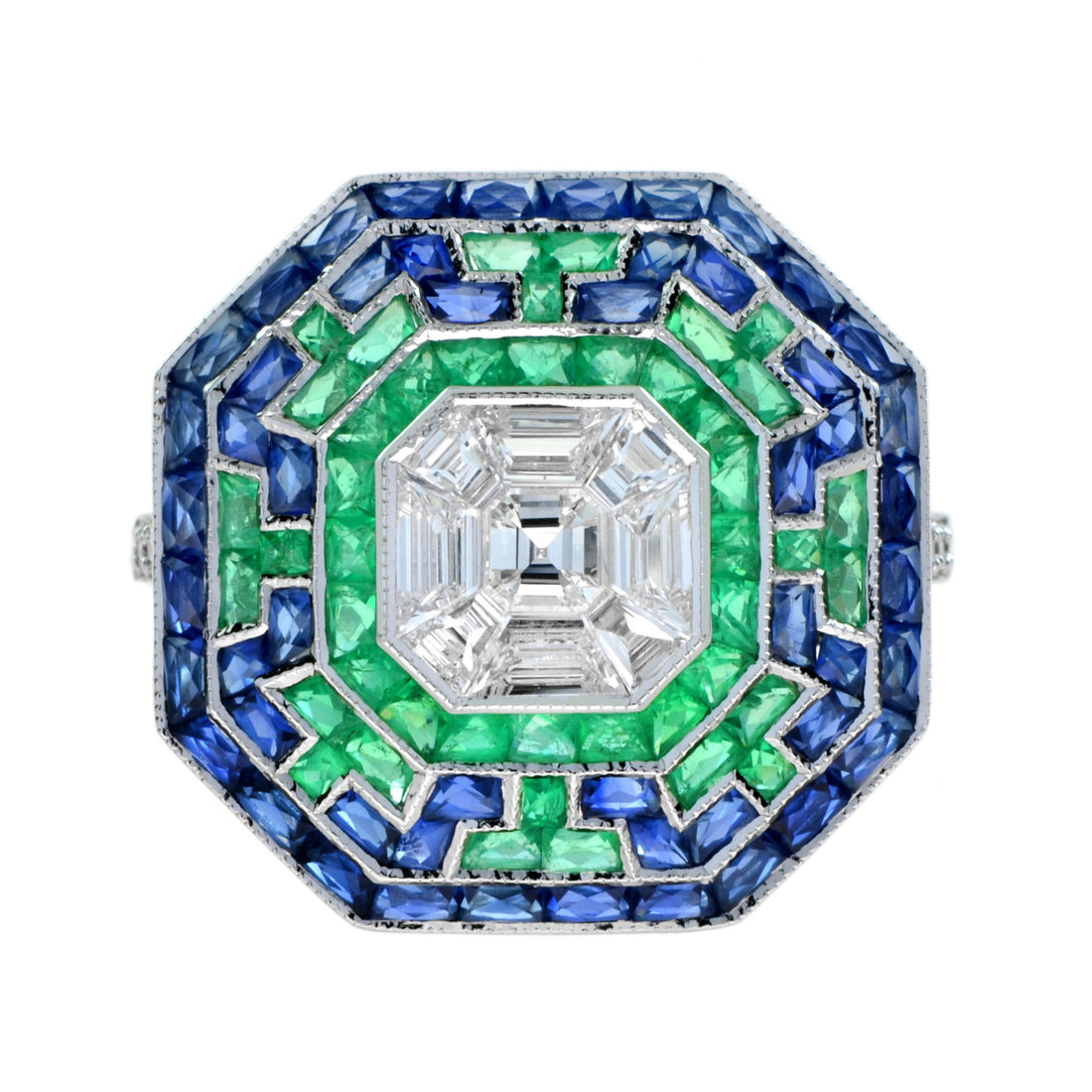 Illusion Asscher Cut Diamond & Emerald Sapphire Octagonal White Gold Halo Ring