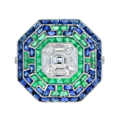 Illusion Asscher Cut Diamond &amp; Emerald Sapphire Octagonal White Gold Halo Ring