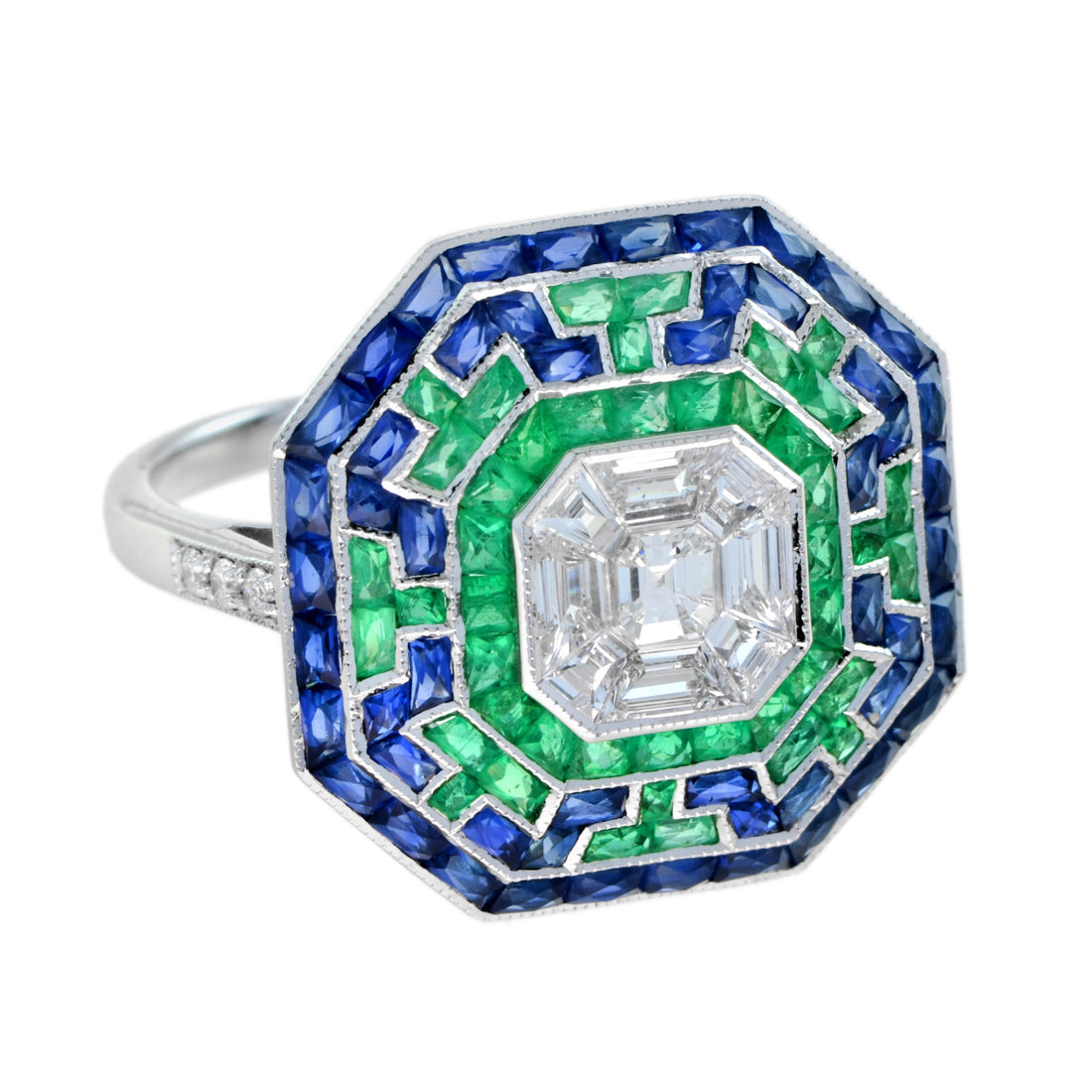 Illusion Asscher Cut Diamond &amp; Emerald Sapphire Octagonal White Gold Halo Ring