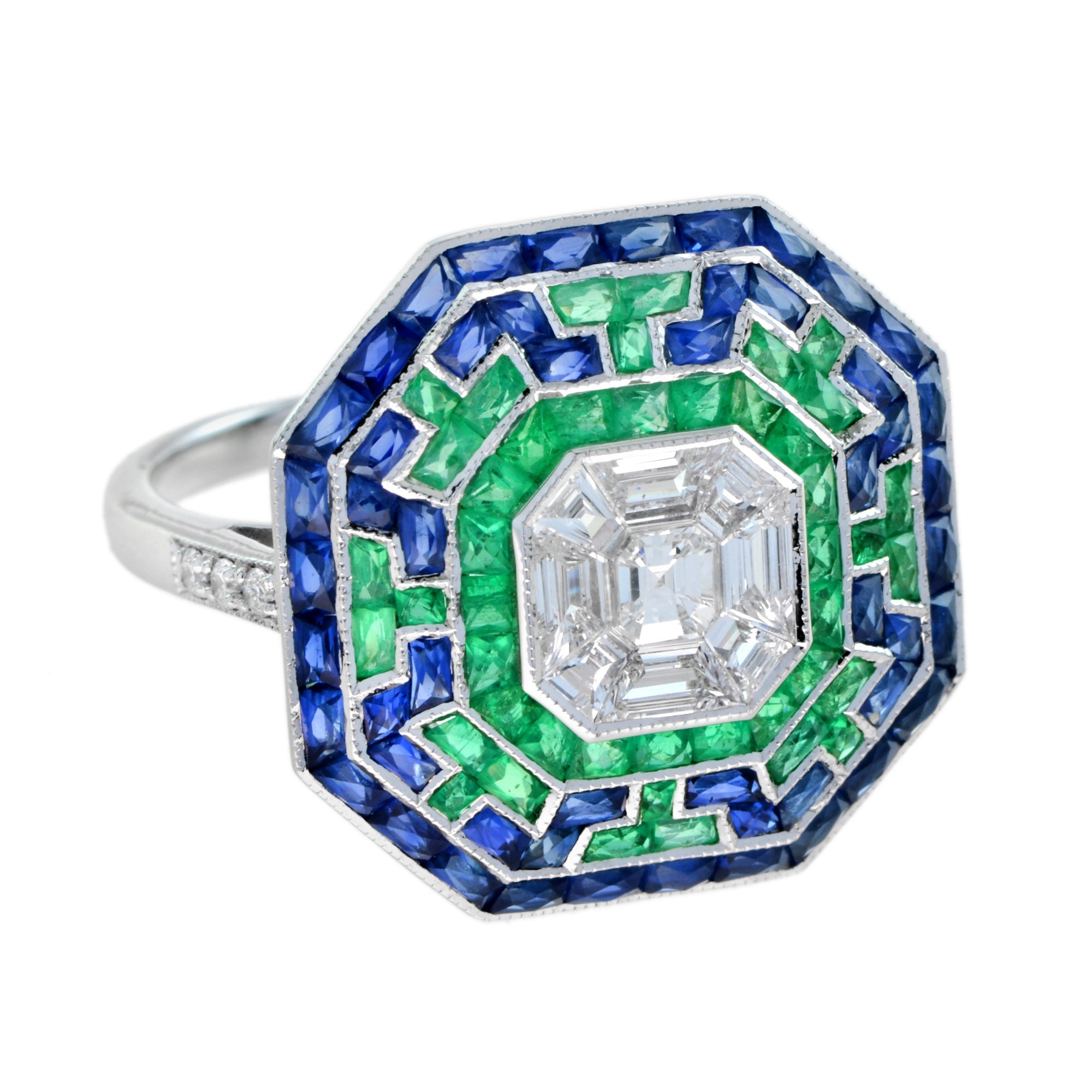 Illusion Asscher Cut Diamond &amp; Emerald Sapphire Octagonal White Gold Halo Ring