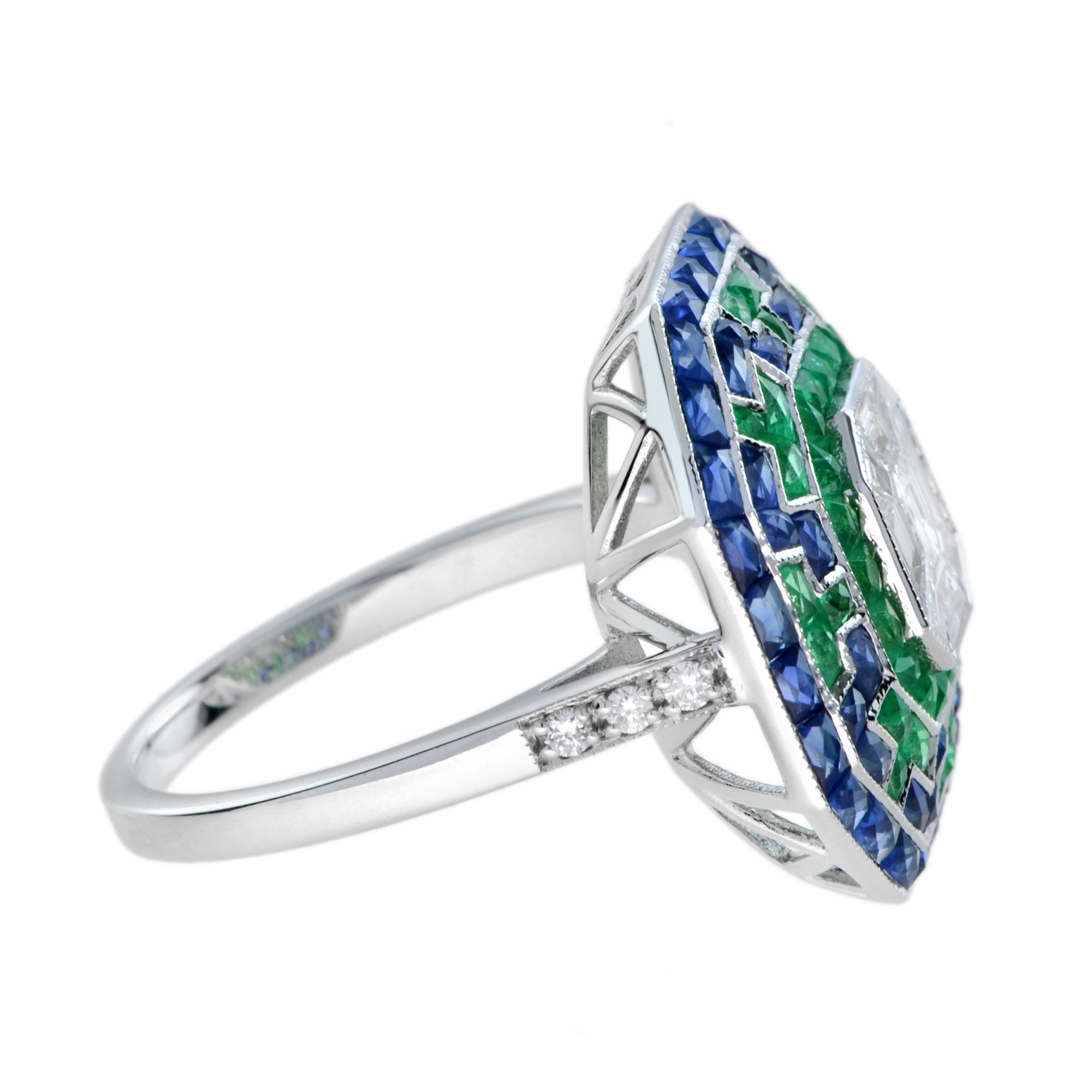 Illusion Asscher Cut Diamond &amp; Emerald Sapphire Octagonal White Gold Halo Ring