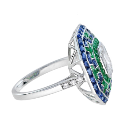 Illusion Asscher Cut Diamond &amp; Emerald Sapphire Octagonal White Gold Halo Ring