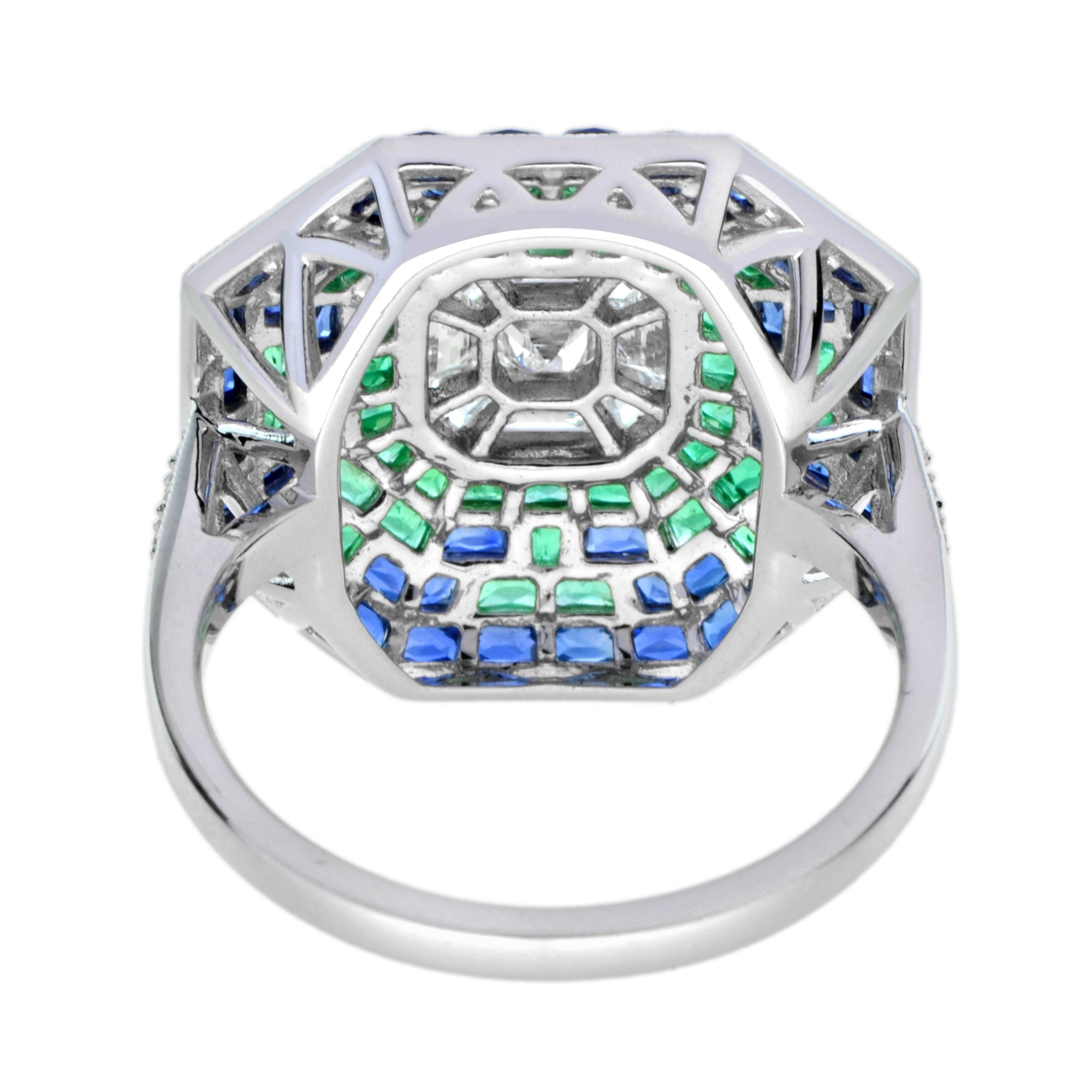 Illusion Asscher Cut Diamond &amp; Emerald Sapphire Octagonal White Gold Halo Ring