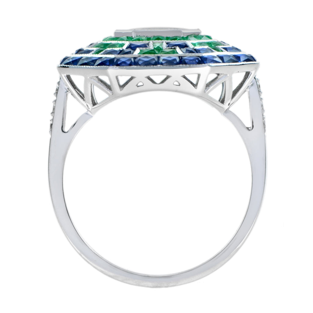 Illusion Asscher Cut Diamond & Emerald Sapphire Octagonal White Gold Halo Ring