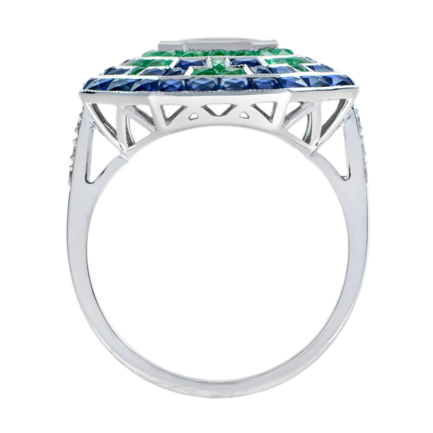 Illusion Asscher Cut Diamond &amp; Emerald Sapphire Octagonal White Gold Halo Ring