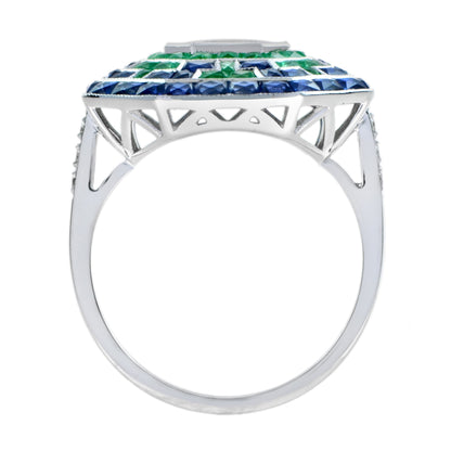 Illusion Asscher Cut Diamond &amp; Emerald Sapphire Octagonal White Gold Halo Ring