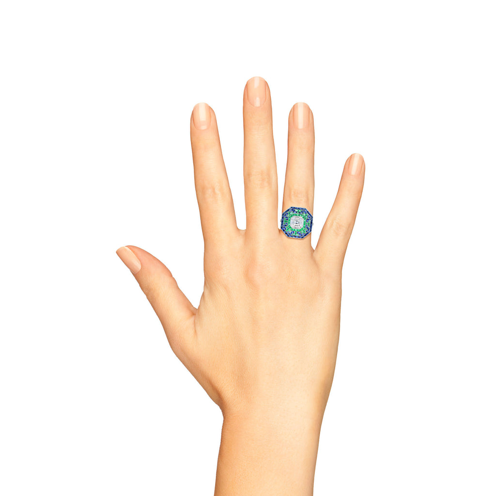 Illusion Asscher Cut Diamond & Emerald Sapphire Octagonal White Gold Halo Ring
