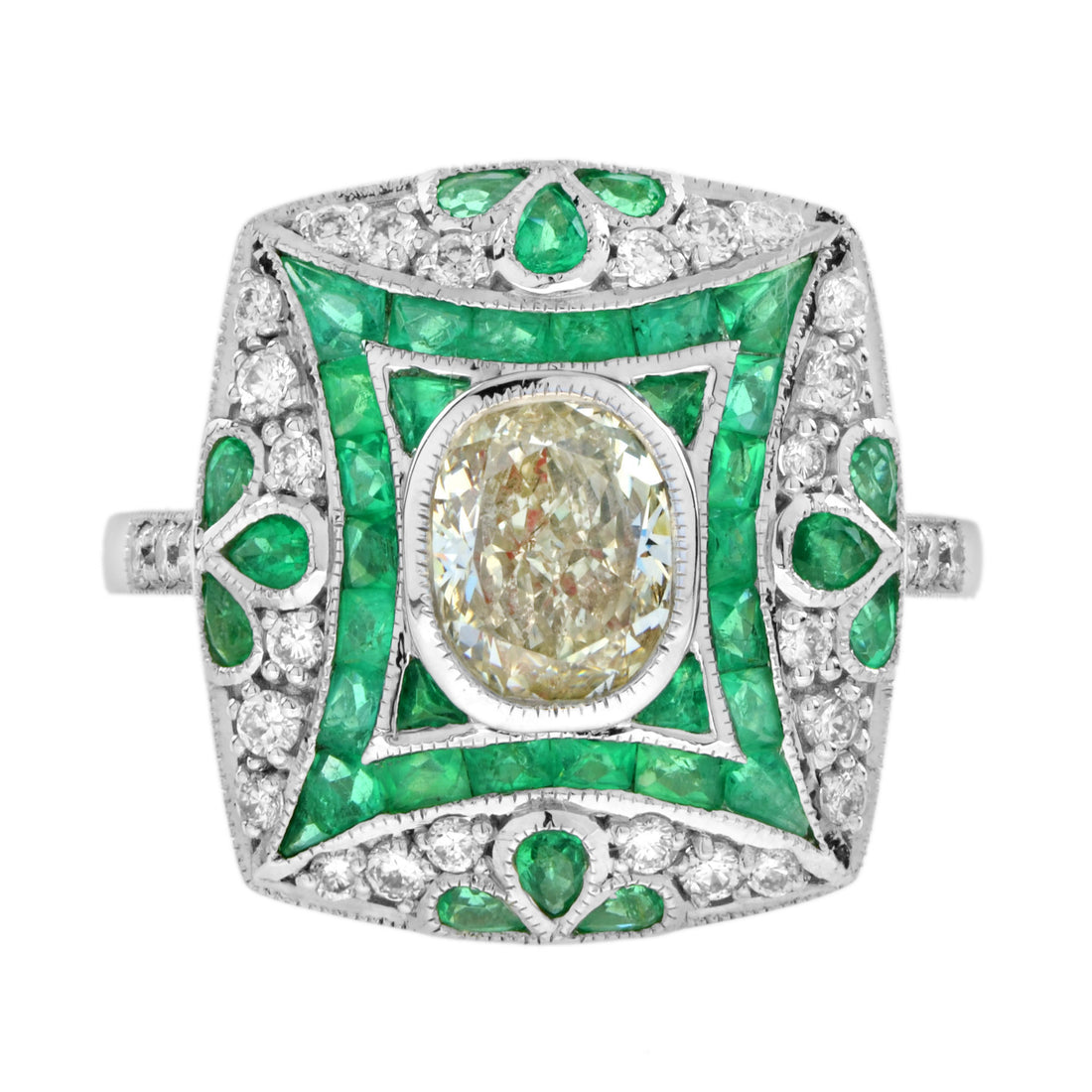 Certified Oval Shape Diamond &amp; Emerald Art Deco Style Engagement 18K White Gold