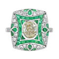 Certified Oval Shape Diamond & Emerald Art Deco Style Engagement 18K White Gold