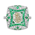 Certified Oval Shape Diamond & Emerald Art Deco Style Engagement 18K White Gold