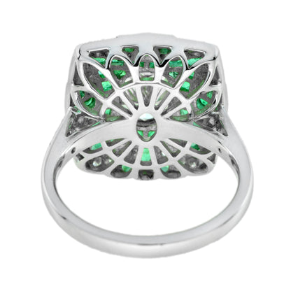 Certified Oval Shape Diamond &amp; Emerald Art Deco Style Engagement 18K White Gold