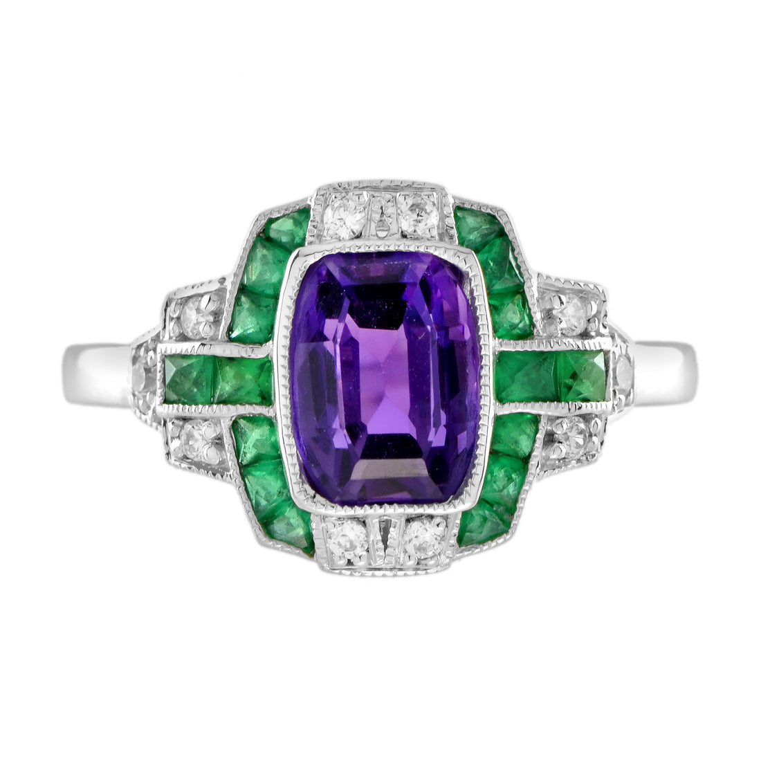 Purple Violet Amethyst & Emerald Diamond Art Deco Style 14K White Gold Ring