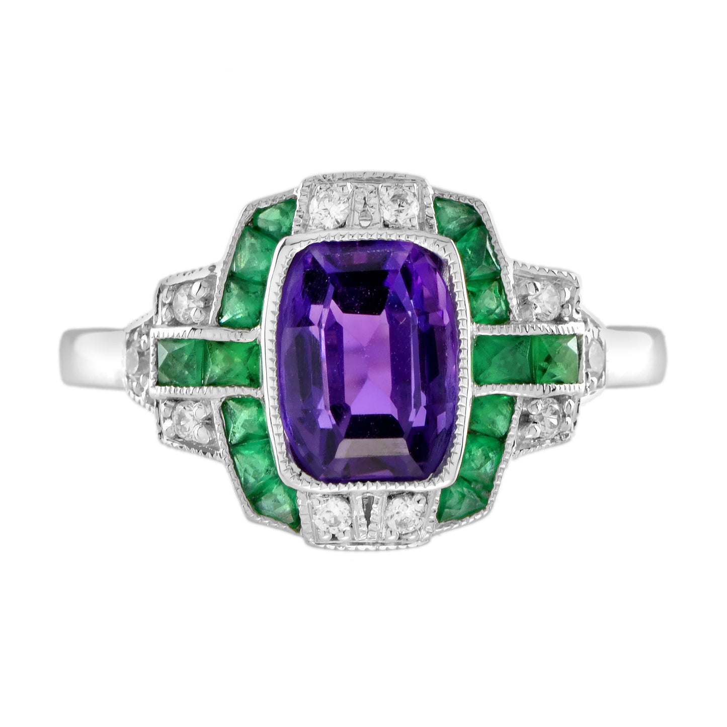 purple violet amethyst & emerald diamond art deco style 14k white gold ring