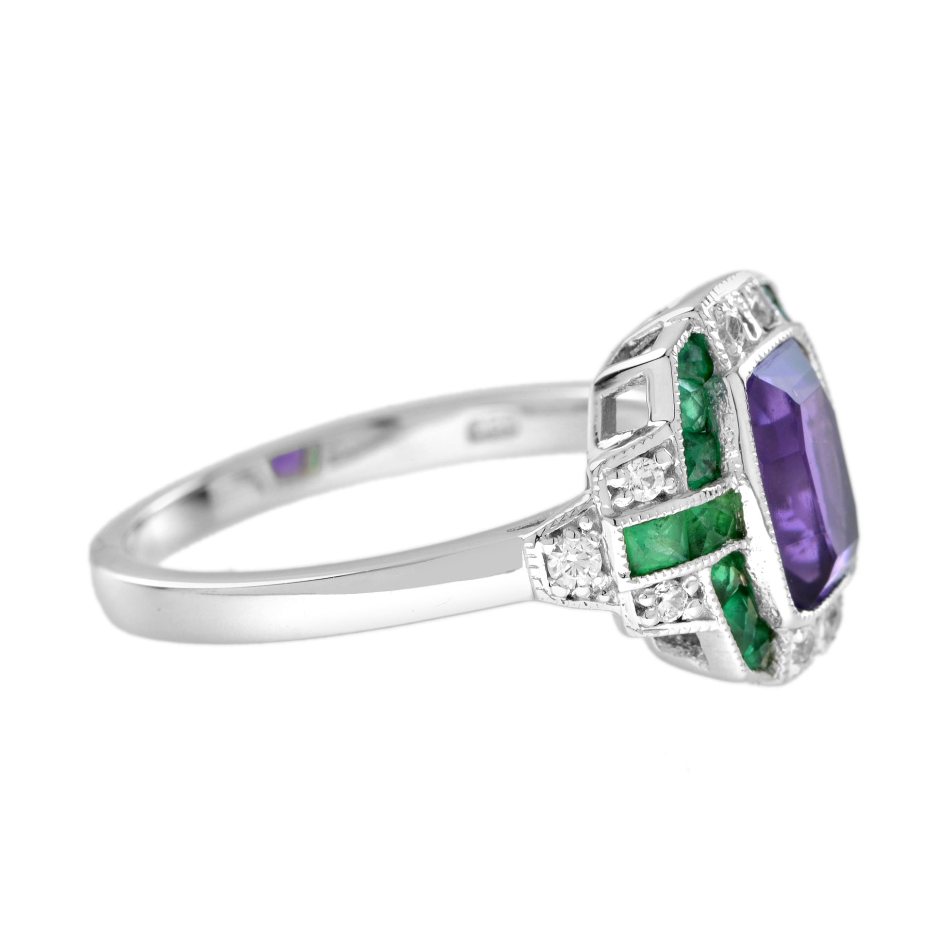 Purple Violet Amethyst & Emerald Diamond Art Deco Style 14K White Gold Ring