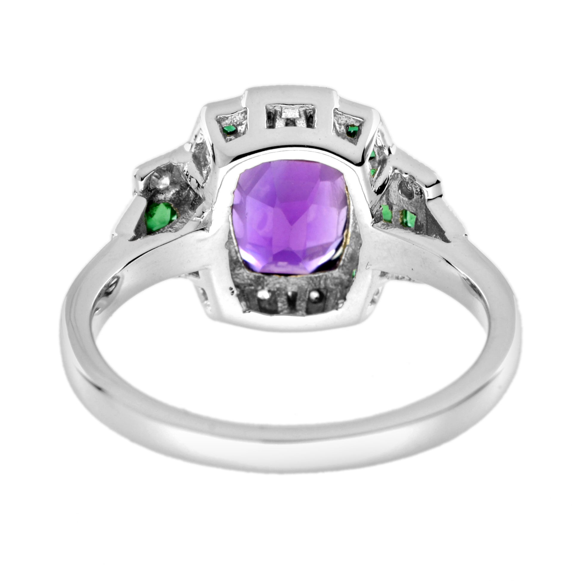Purple Violet Amethyst & Emerald Diamond Art Deco Style 14K White Gold Ring