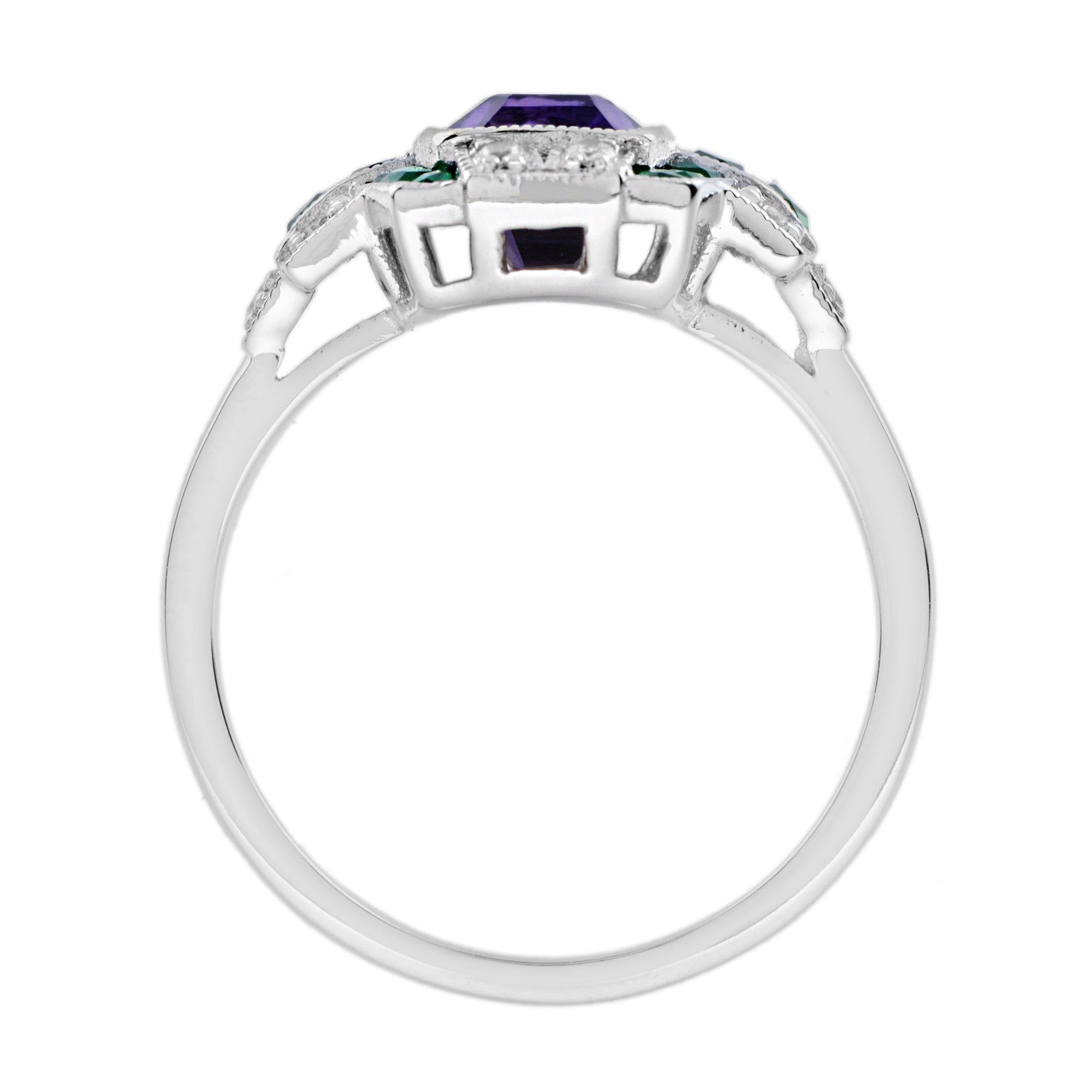 Purple Violet Amethyst & Emerald Diamond Art Deco Style 14K White Gold Ring