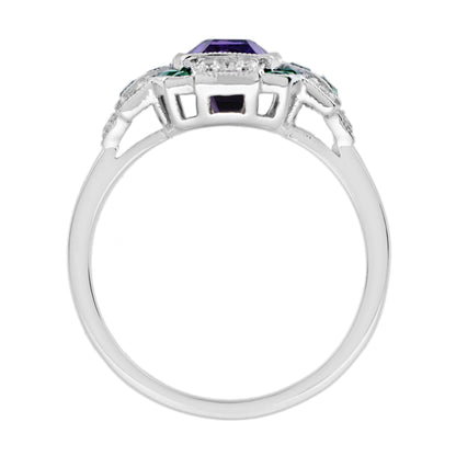 Purple Violet Amethyst & Emerald Diamond Art Deco Style 14K White Gold Ring