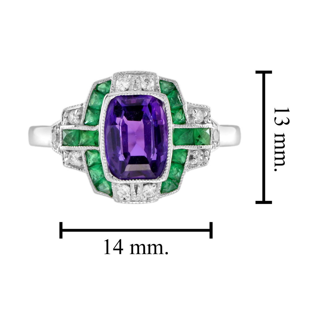 Purple Violet Amethyst & Emerald Diamond Art Deco Style 14K White Gold Ring