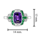 Purple Violet Amethyst & Emerald Diamond Art Deco Style 14K White Gold Ring