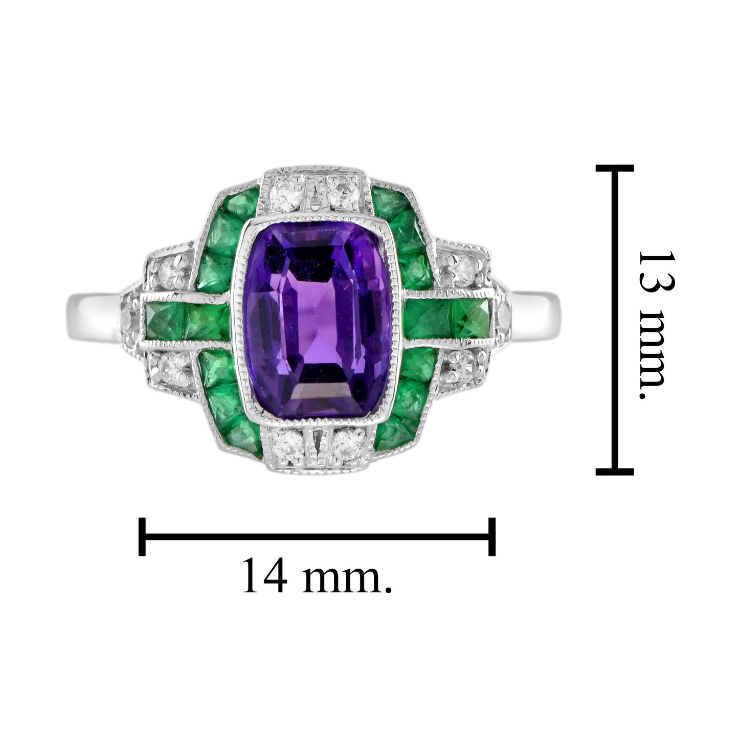 purple violet amethyst & emerald diamond art deco style 14k white gold ring