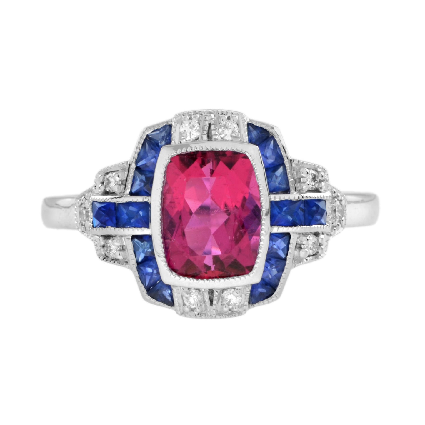 cushion shape pink tourmaline & blue sapphire diamond art deco style halo ring
