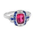 Cushion Shape Pink Tourmaline & Blue Sapphire Diamond Art Deco Style Halo Ring