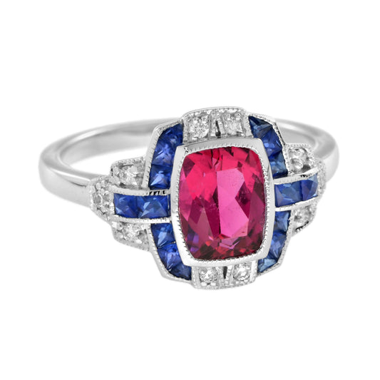 Cushion Shape Pink Tourmaline & Blue Sapphire Diamond Art Deco Style Halo Ring
