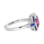 Cushion Shape Pink Tourmaline & Blue Sapphire Diamond Art Deco Style Halo Ring