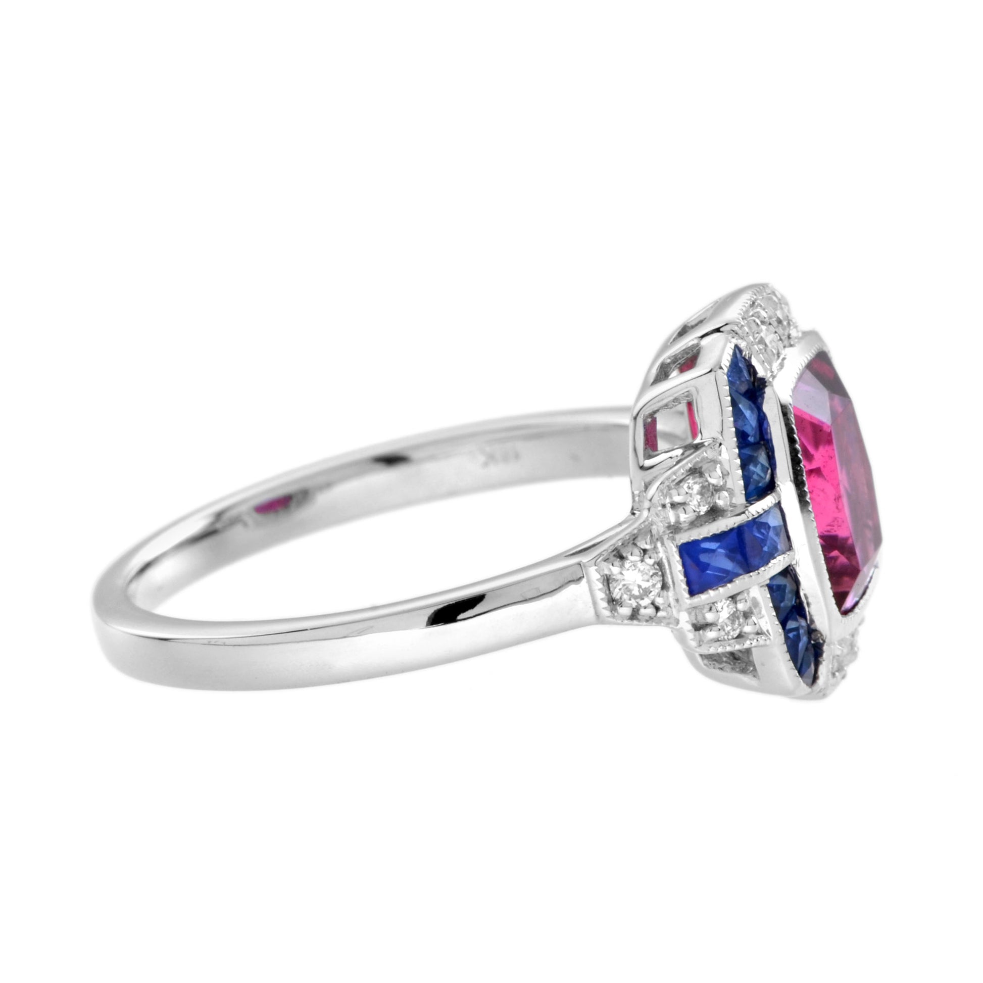 Cushion Shape Pink Tourmaline & Blue Sapphire Diamond Art Deco Style Halo Ring