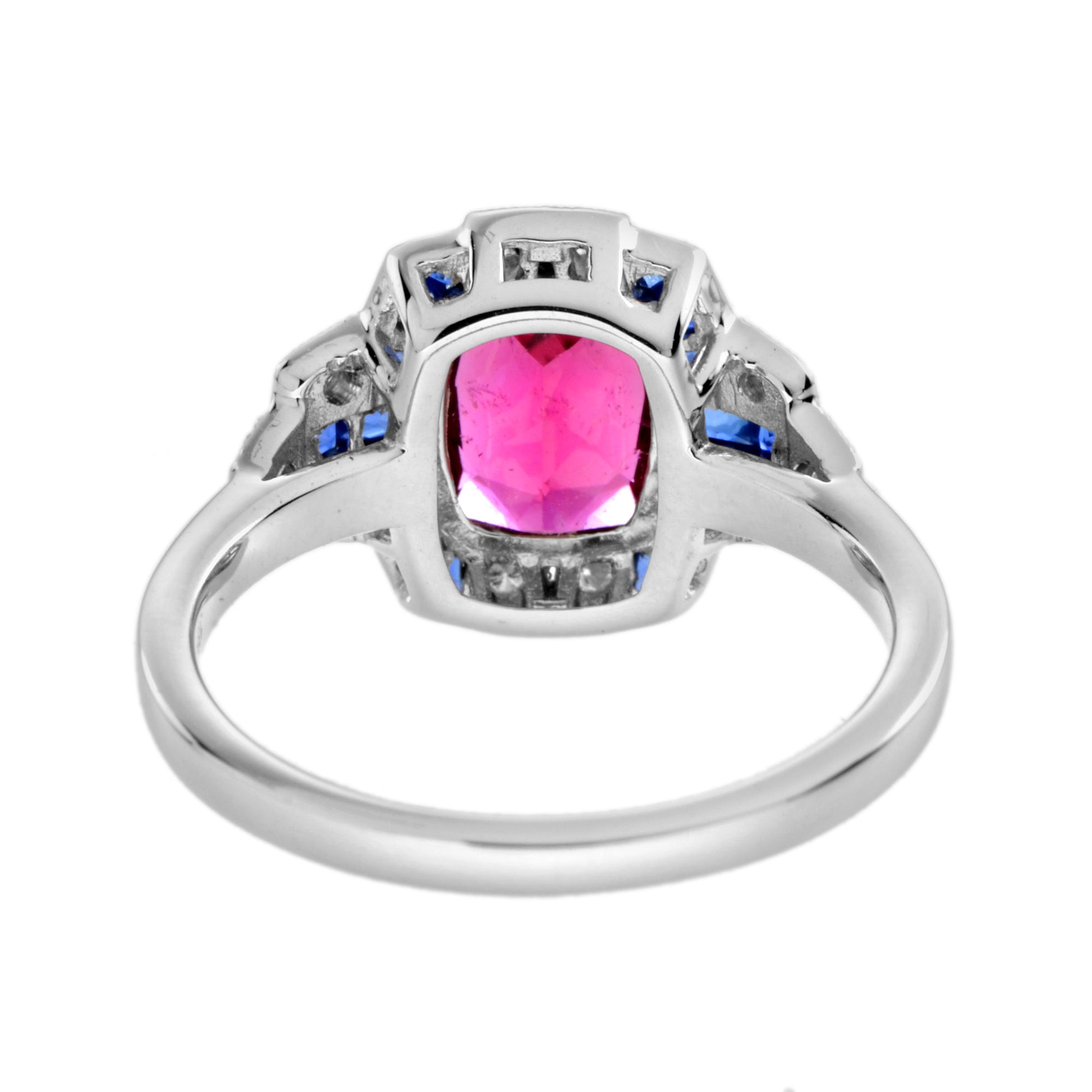 Cushion Shape Pink Tourmaline & Blue Sapphire Diamond Art Deco Style Halo Ring