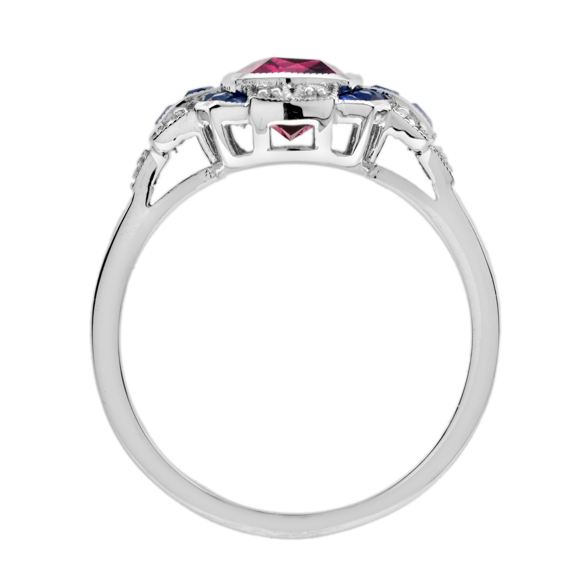 Cushion Shape Pink Tourmaline & Blue Sapphire Diamond Art Deco Style Halo Ring