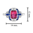 Cushion Shape Pink Tourmaline & Blue Sapphire Diamond Art Deco Style Halo Ring