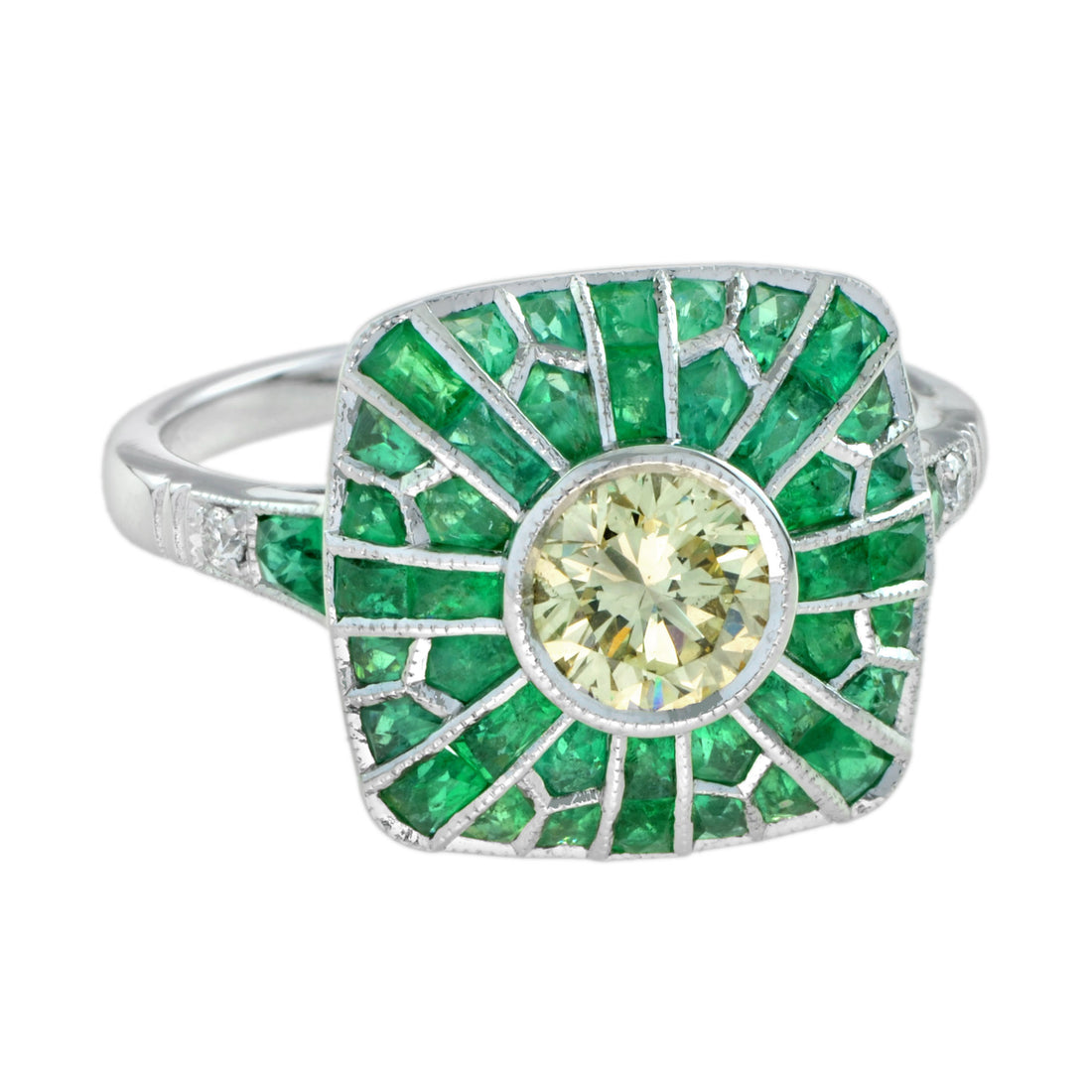 Certified Round Yellow Diamond &amp; Green Emerald Halo Cushion 18K White Gold Ring