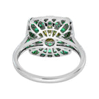Certified Round Yellow Diamond & Green Emerald Halo Cushion 18K White Gold Ring