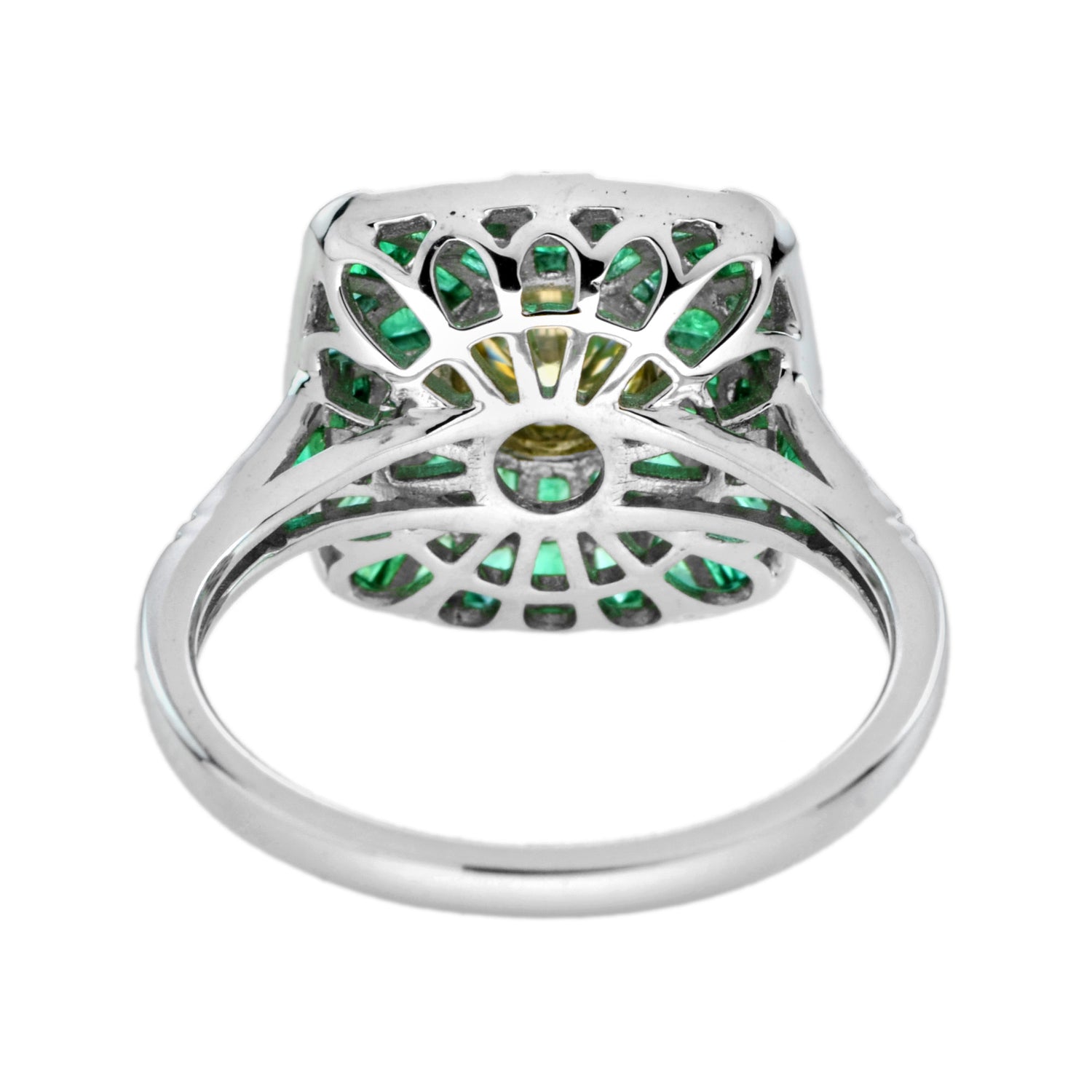 Certified Round Yellow Diamond &amp; Green Emerald Halo Cushion 18K White Gold Ring