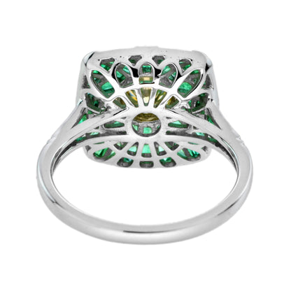 Certified Round Yellow Diamond &amp; Green Emerald Halo Cushion 18K White Gold Ring