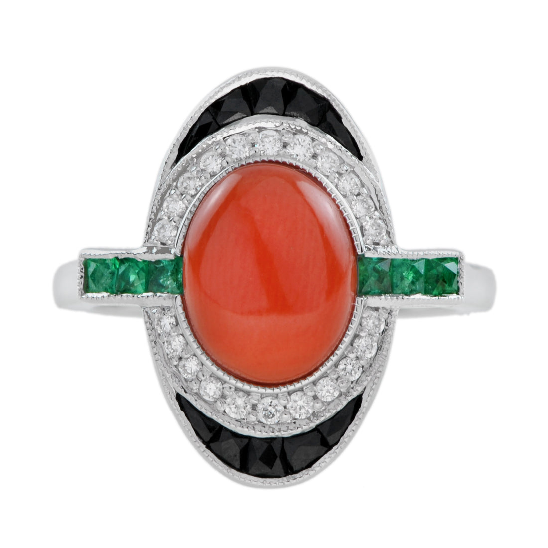 Orange Red Coral & Black Diamond Emerald Onyx Art Deco Style 14K White Gold Ring