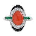Orange Red Coral & Black Diamond Emerald Onyx Art Deco Style 14K White Gold Ring