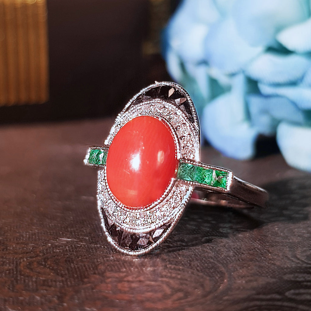 Orange Red Coral & Black Diamond Emerald Onyx Art Deco Style 14K White Gold Ring