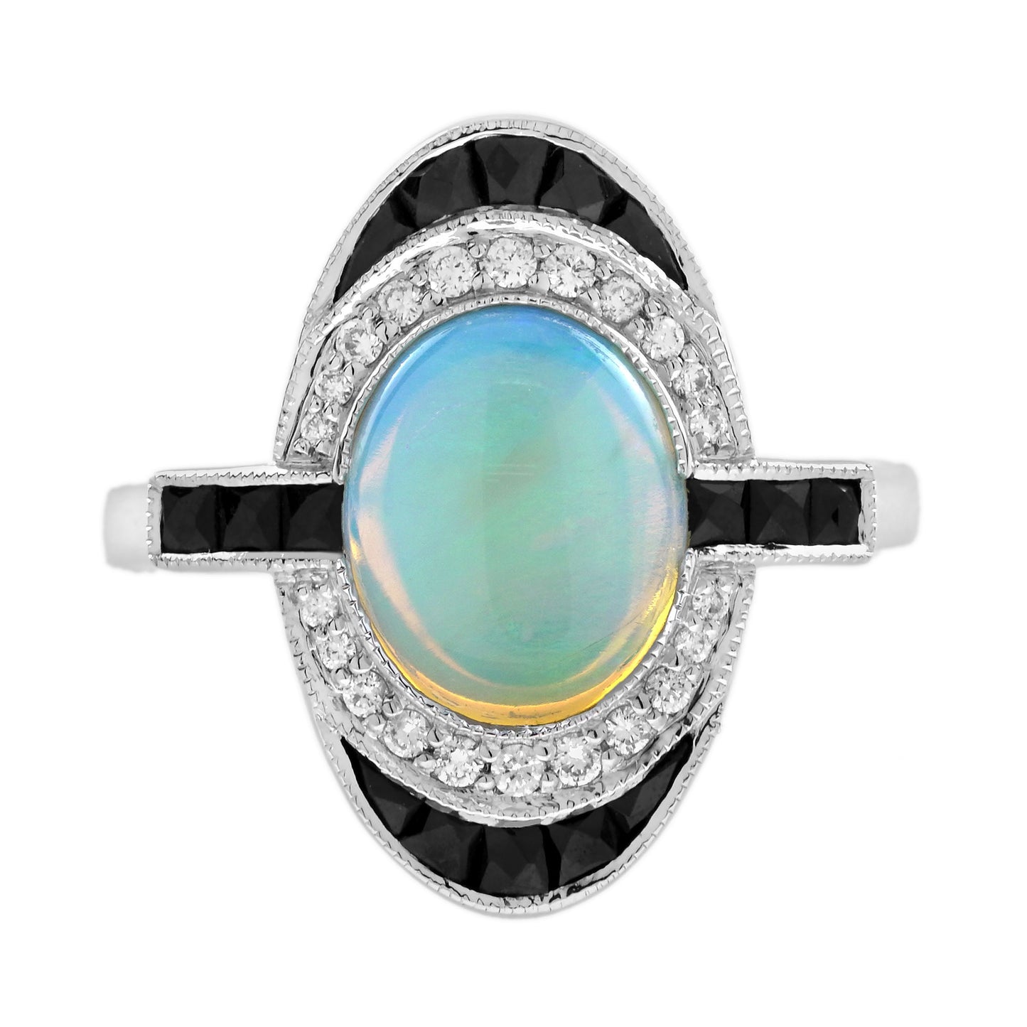 opal & onyx diamond art deco style cocktail white gold ring