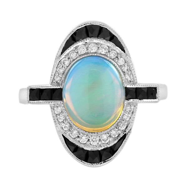 2.36 Ctw Art Deco Style Opal, Onyx & Diamond 18K White Gold Cocktail Ring