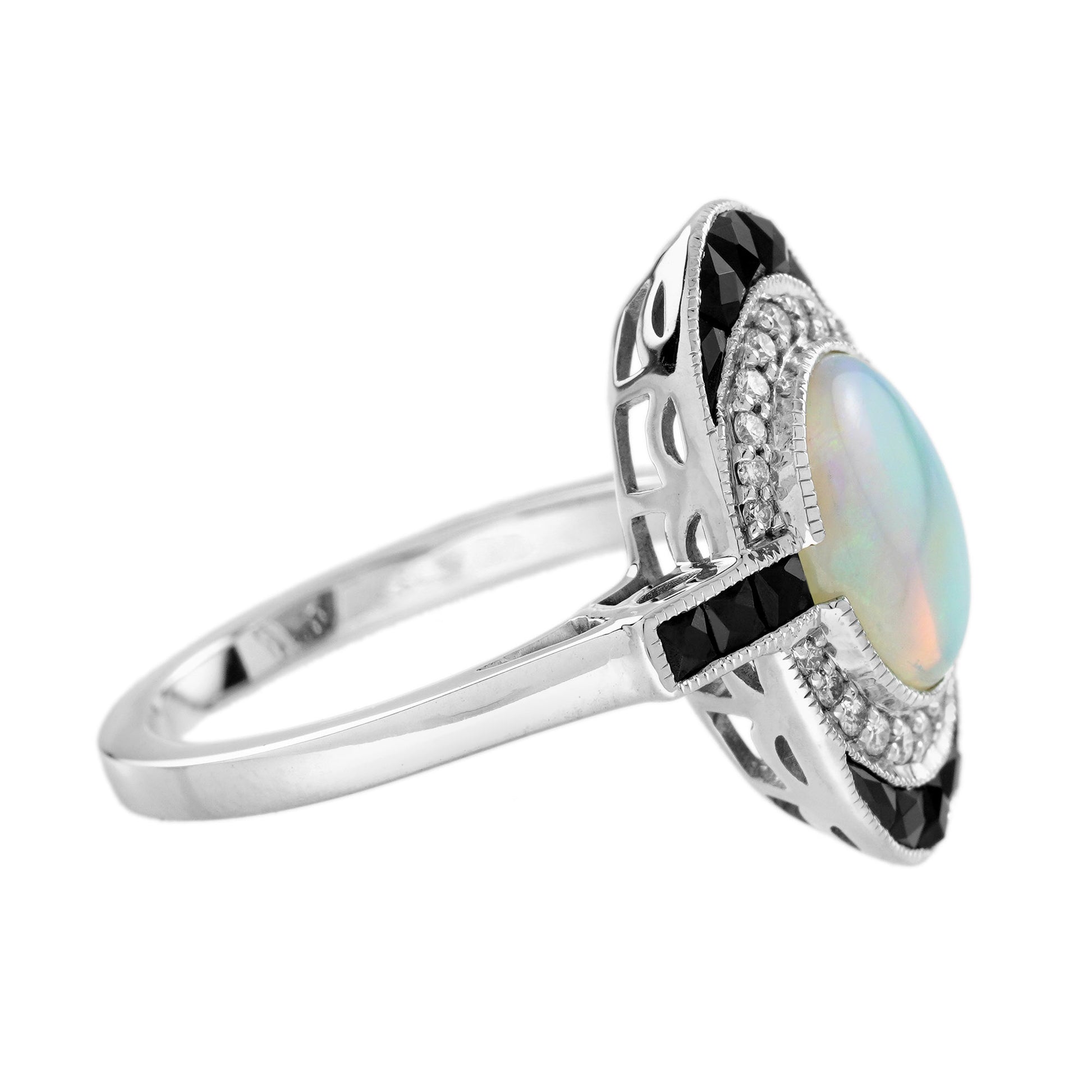 Opal & Onyx Diamond Art Deco Style Cocktail White Gold Ring