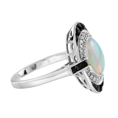 Opal & Onyx Diamond Art Deco Style Cocktail White Gold Ring