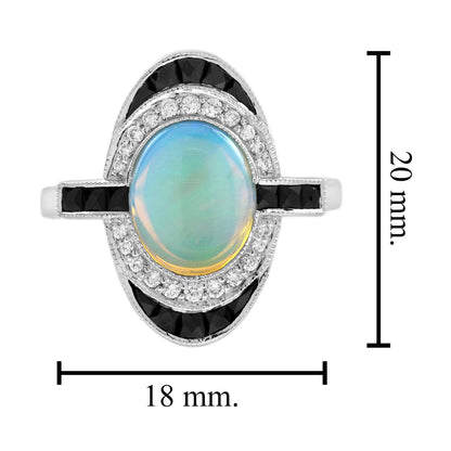 Opal & Onyx Diamond Art Deco Style Cocktail White Gold Ring