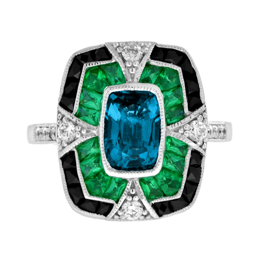 Cushion Shape London Blue Topaz & Onyx Emerald Diamond Art Deco White Gold Ring