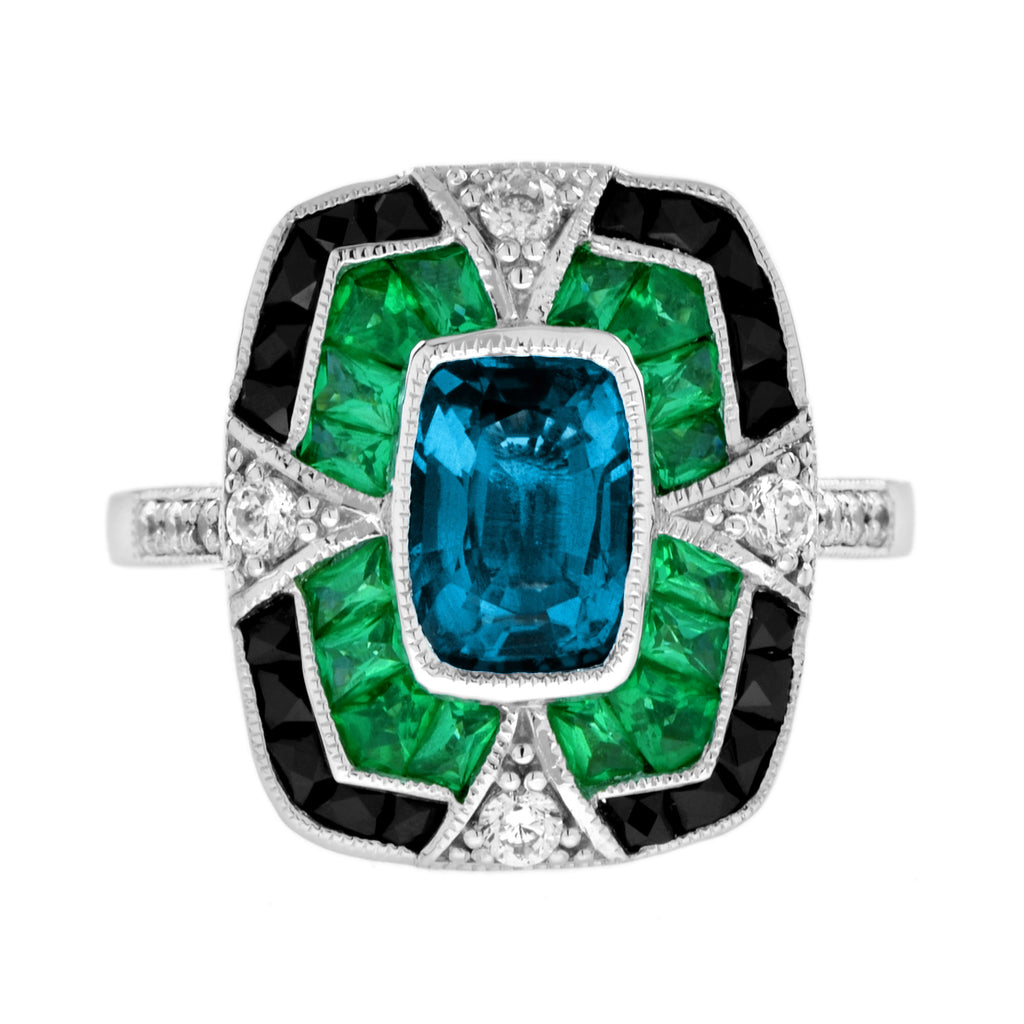 4.75 Ctw Art Deco Style London Blue Topaz & Emerald Onyx Diamond 14K White Gold Ring