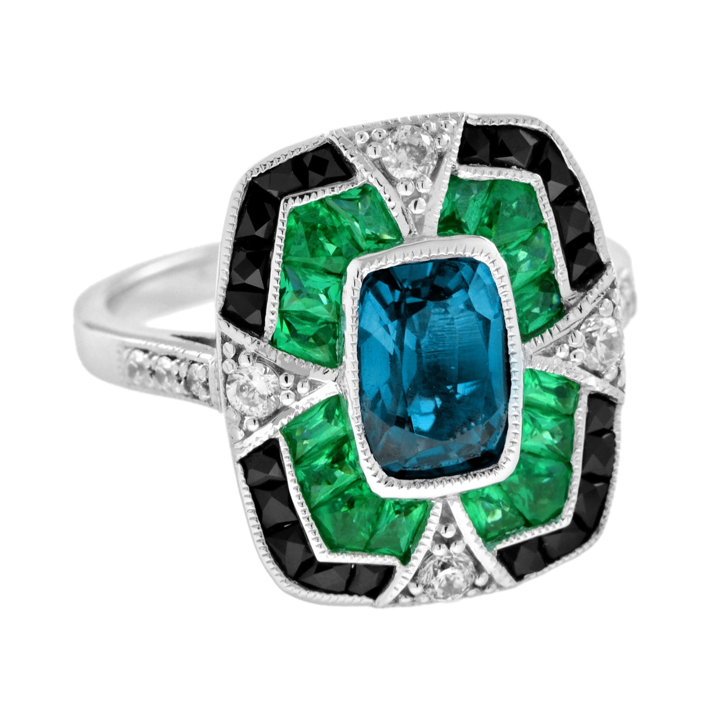 cushion shape london blue topaz & onyx emerald diamond art deco white gold ring
