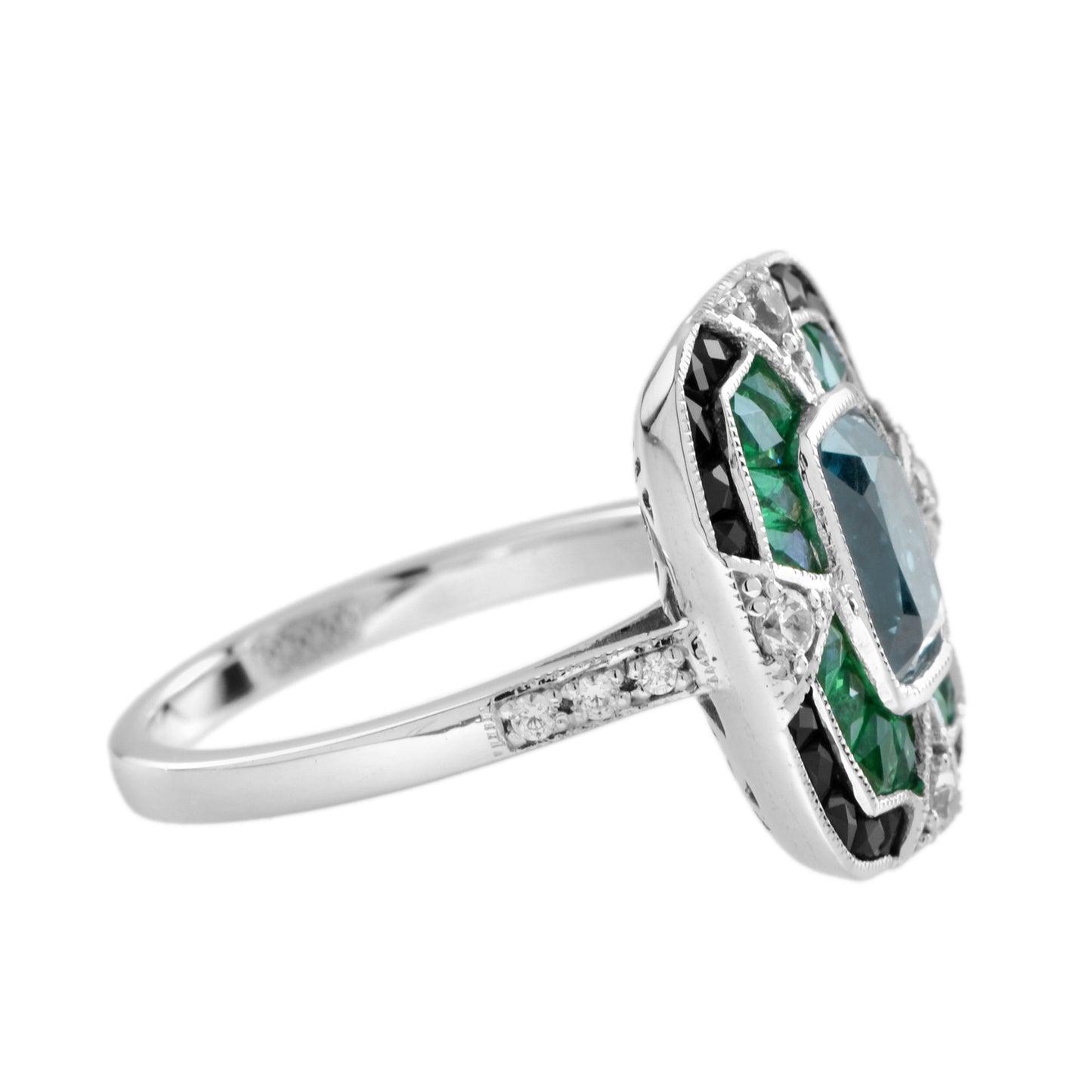 cushion shape london blue topaz & onyx emerald diamond art deco white gold ring