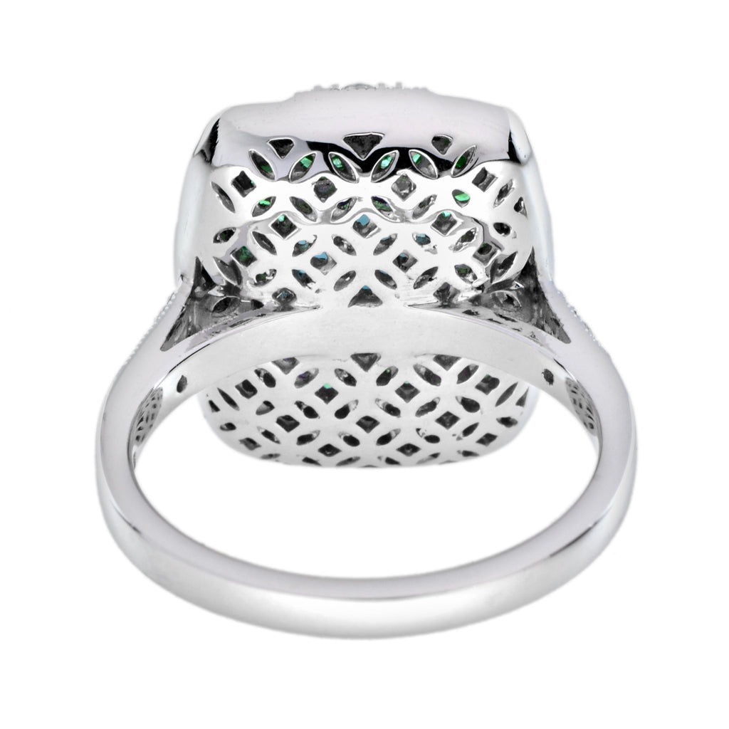 Cushion Shape London Blue Topaz & Onyx Emerald Diamond Art Deco White Gold Ring